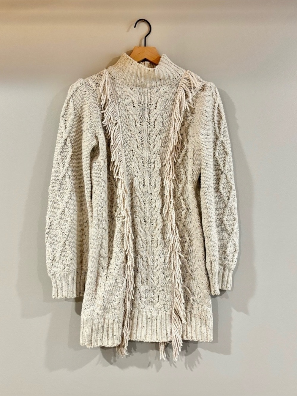 Line & Dot Dress Cream Cable-Knit Fringe Turtleneck Sweater Dress size small